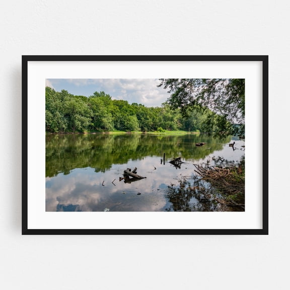 The Potomac River Shoreline on a Hot Summer Afternoon - Leesburg Virginia Photography Lake Nature Scenic Water Wilderness Forest Landscape Black Framed Wall Art Print 12 x 18 inches