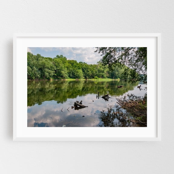 The Potomac River Shoreline on a Hot Summer Afternoon - Leesburg Virginia Photography Lake Nature Scenic Water Wilderness Forest Landscape White Framed Wall Art Print 12 x 18 inches