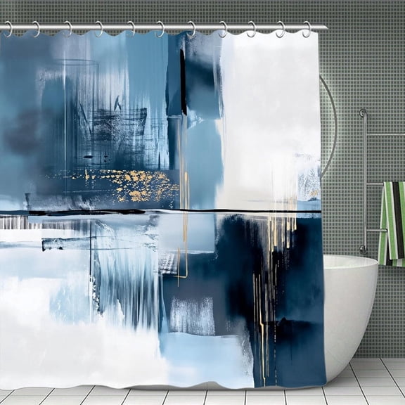 Potopok Abstract blue brushstroke shower curtain, modern minimalist contemporary neutral, waterproof polyester with hooks, suited for bathroom, shower, or room divider, 70.8x70.8 Inch