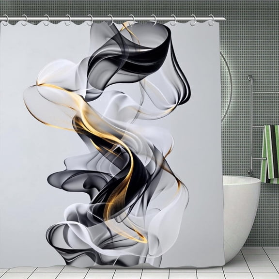 Potopok Abstract modern minimalist shower curtain in black gold gray, contemporary aesthetic, waterproof polyester with hooks, suits bathroom, shower, or room divider, 70.8x70.8 Inch
