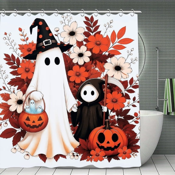 Potopok Autumn Halloween Shower Curtain 1 Piece, Waterproof Fabric, Perfect for Thanksgiving and Halloween Autumnal Bathroom Decor 70.8×70.8Inch