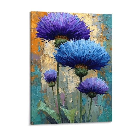 Potopok Blue And Purple Thistle Flower Canvas Wall Art With Frame, Vintage Textured Botanical Poster, Boho Farmhouse Living Room Decor,12x16 inch