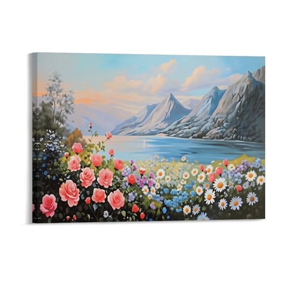 Potopok Blue-Green Nature Home Decor For Living Room Office, Wood Framed Rocky Mountain Lake Wall Art With Frame, Textured Floral Landscape Canvas Painting Pictures,16x12