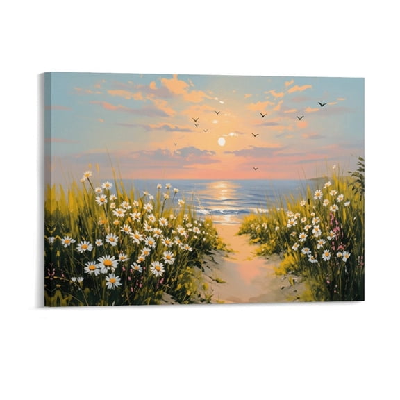 Potopok Canvas Wall Art Prints, Coastal Daisy Framed Painting Decor Ocean Sunset Landscape for Beach Seaside Home 16x12 Inch