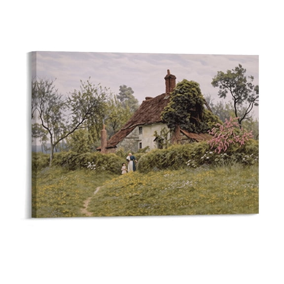 Potopok Canvas Wall Art Vintage Decor, Old Cottages Countryside Framed Landscape Artwork for Bedroom Living Room Bathroom 16x12 Inch