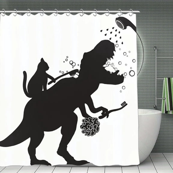 Potopok Cat Dinosaur Funny Shower Curtain, cat helping dino bathe with trex silhouette shadow, waterproof polyester with hooks,70.8x70.8 Inch