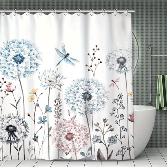 Potopok Dandelion Dragonfly Printed Shower Curtain, bathroom decoration and accessories, 2D flat design, waterproof polyester with hooks, for shower, tub, or room divider, 70.8x70.8 Inch