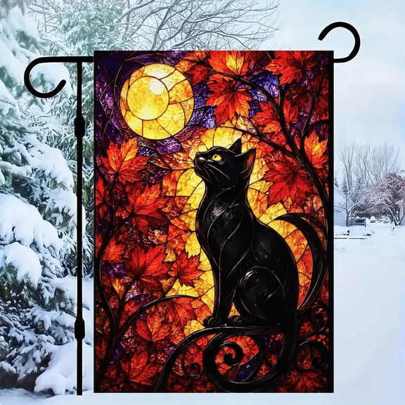 Potopok Fall Decor, Stained Glass Black Cat Moon Halloween Garden Flag 12x18in