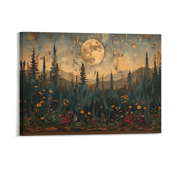 Potopok Framed Canvas Wall Art With Frame, Vintage Forest Moon Poster, Dark Cottagecore Pine Tree Woodland Canvas Painting For Living Room Bedroom,16x12
