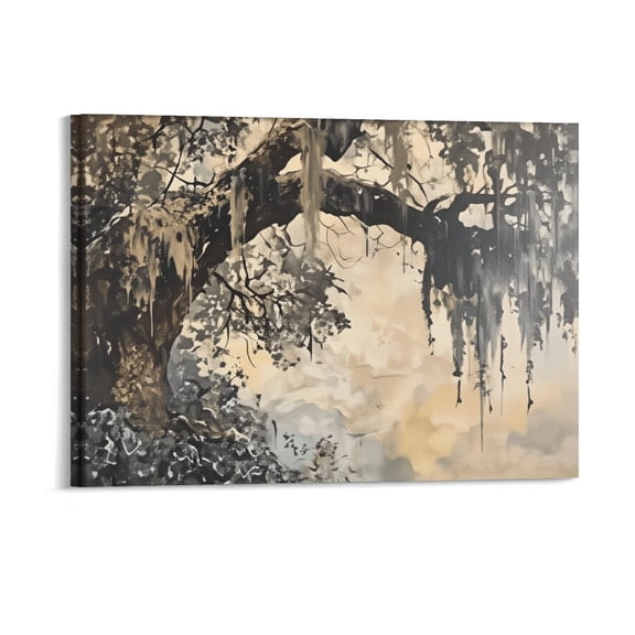 Potopok Framed Decorative Art With Frame, Vintage Live Oak Tree Spanish Moss Canvas Print, Farmhouse Savannah Southern Wall Decor For Entryway Living Room,16x12