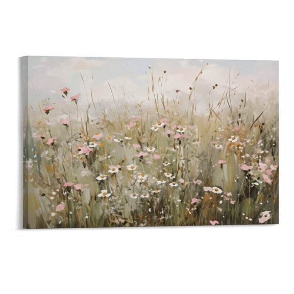 Potopok Framed Decorative Art With Frame, Vintage Farmhouse Wildflower Canvas Print, Neutral Pink Spring Landscape Wall Decor,18×12