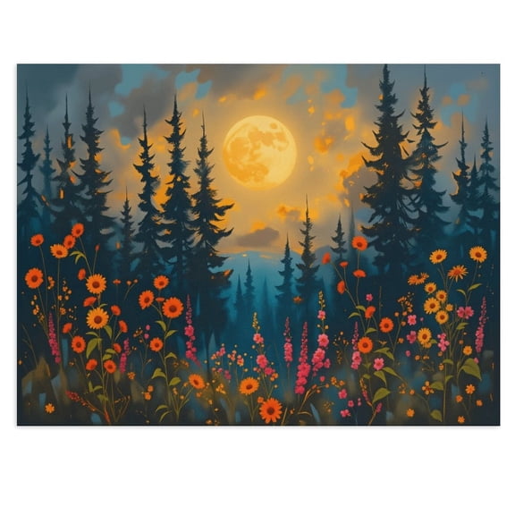 Potopok Full Moon Forest Pine Tree Canvas Wall Art, Moonlit Mountain Decor for Bedroom Living Room Home, 16x12 Inch