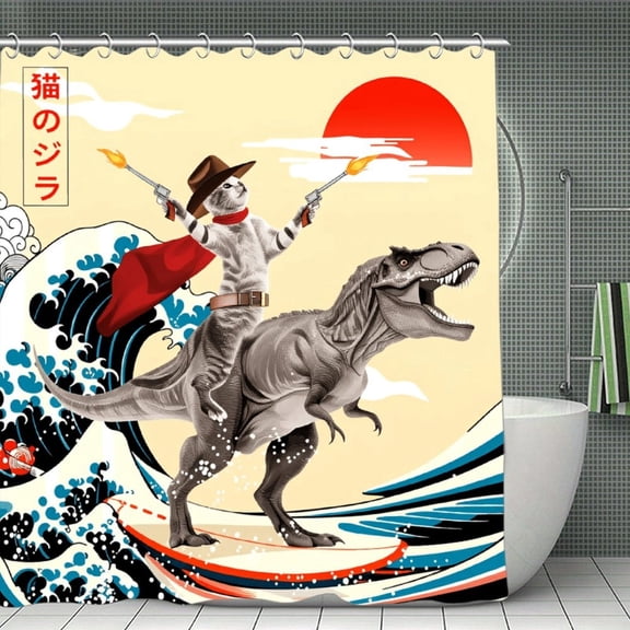 Potopok Funny Cat Dinosaur Surfing Ocean Wave Shower Curtain, Japanese Art Design, Waterproof Polyester Hooks, for Bath, Shower, Room Divider, 70.8x70.8 Inch