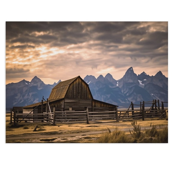 Potopok Grand Teton Sunset Moulton Barn Canvas Wall Art, Wyoming Mountain Decor for Living Room, 16x12 Inch