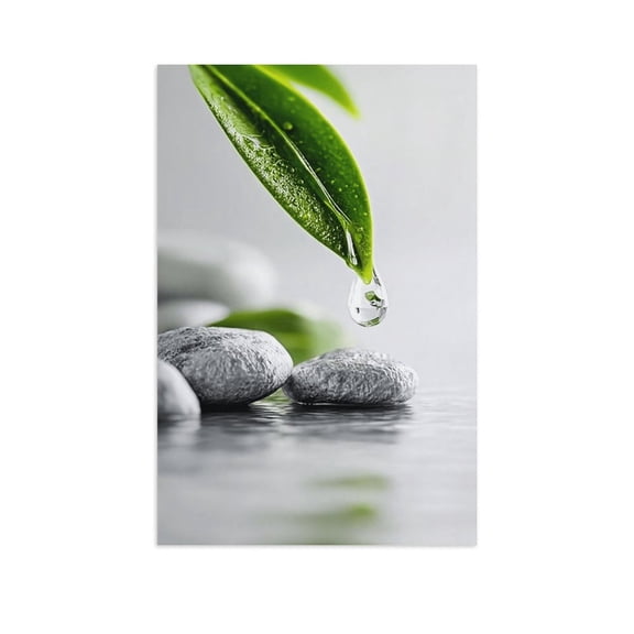 Potopok Green Leaf Water Drop Zen Spa Stone Canvas Decorative Art With canvas, Minimal Calming Botanical Print, Neutral Bathroom Home Decor,16x24 inch