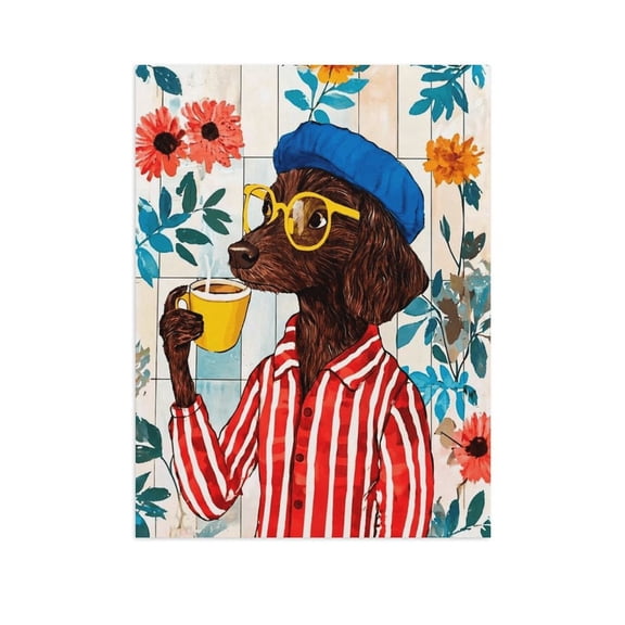 Potopok Hipster Dachshund Dog Coffee Floral Canvas Decorative Art With canvas, Cute Pet Print, Boho Kitchen Bedroom Aesthetic Wall Decor,12x16 inch