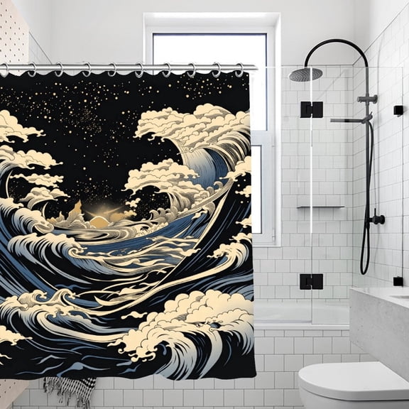 Potopok Japanese great waves shower curtain, oriental asian sea waves bath design, waterproof polyester with hooks, brings dramatic ocean art to bathroom, shower, or room divider, 70.8x70.8 Inch