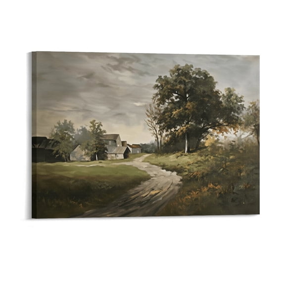 Potopok Landscape Vintage Framed Decorative Art With Frame, Classical Village Canvas Print, Farmhouse Natural Decor For Bathroom Office,16x12