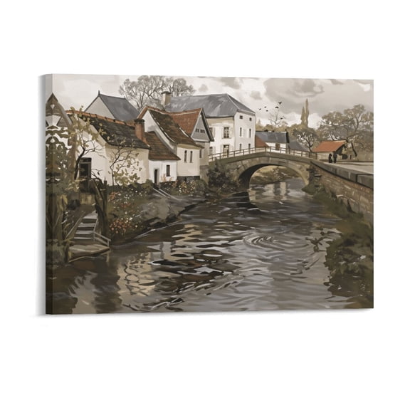 Potopok Landscape Wall Art, Riverside Small Town Framed Canvas Prints Home Decor Artwork for Bedroom Living Room Farmhouse 16x12 Inch