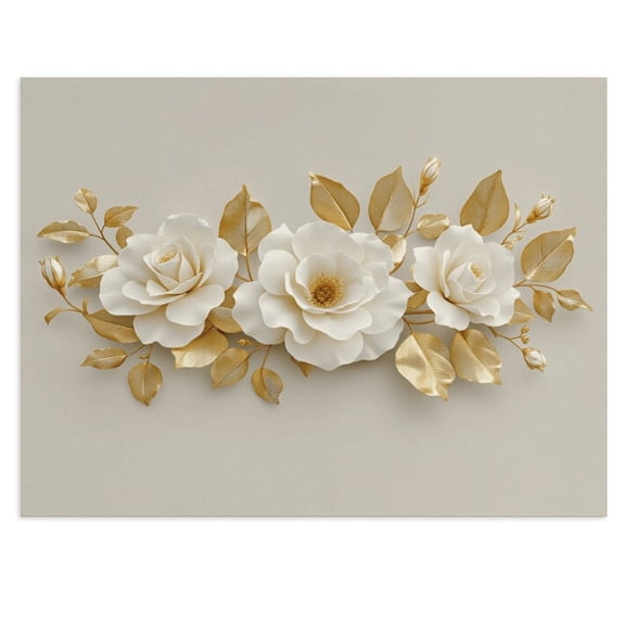 Potopok Modern White Floral Golden Leaves Canvas Wall Art, Neutral Boho Decor for Living Room Bedroom Home, 16x12 Inch