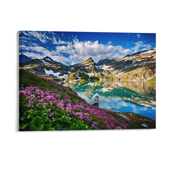 Potopok Modern Wildflowers Landscape Home Decor For Living Room Bedroom Bathroom, Wood Framed Purple Mountain Fall Wall Art With Frame, Hydrangea Lake Canvas Painting Pictures,16x12