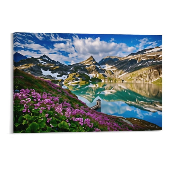 Potopok Modern Wildflowers Landscape Home Decor For Living Room Bedroom Bathroom, Wood Framed Purple Mountain Fall Wall Art With Frame, Hydrangea Lake Canvas Painting Pictures,18×12
