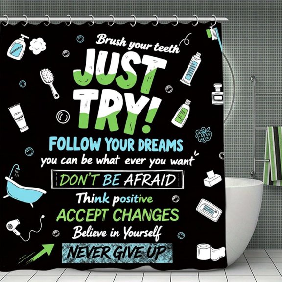 Potopok Motivational quotes bathroom shower curtain, fun washroom decor, waterproof polyester with hooks, works in bathroom, shower, or room divider, 70.8x70.8 Inch