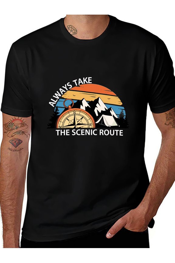 Mountain Adventure Compass Graphic Tee for Outdoor Camping Hiking Pine Tree Wanderlust Adventure Shirt for Trail & Nature Lovers,Black - L