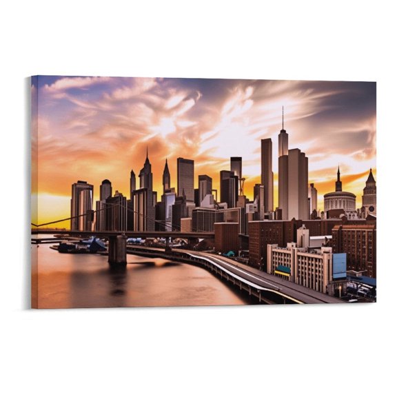Potopok NYC Cityscape Home Decor For Bedroom Office, Wood Framed New York Wall Art With Frame, Sunset Brooklyn Bridge Skyline Canvas Painting Pictures,24×16