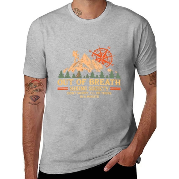 Potopok Out of Breath Hiking Society T-Shirt Funny Hiking Tee for Nature Lovers & Trail Walkers with Humor Design,Gray - 2XL