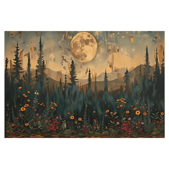 Potopok Pine Tree Woodland Forest Moon Vintage Canvas Art Print, Dark Cottagecore Wall Decor for Living Room Bedroom, 24x16 Inch