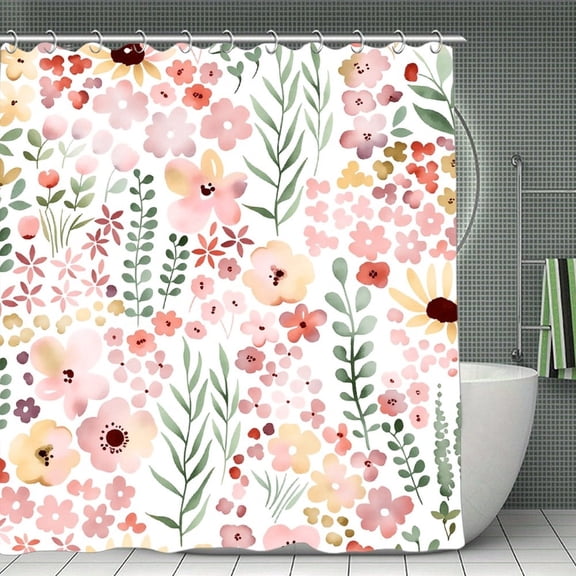 Potopok Pink & Green Spring Boho Watercolor Wildflower Floral Shower Curtain, Waterproof Polyester with Hooks, for Bath, Shower, Room Divider, 70.8x70.8 Inch