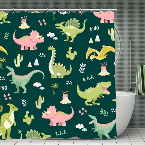 Potopok Playful dinosaur friends shower curtain, waterproof polyester with hooks, makes a fun addition to kids bathroom, shower, or room divider, 70.8x70.8 Inch