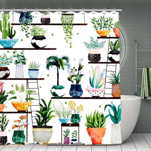 Potopok Potted Plants Shower Curtain, indoor garden style, waterproof polyester with hooks, looks great in bathroom, shower, or room divider, 70.8x70.8 Inch