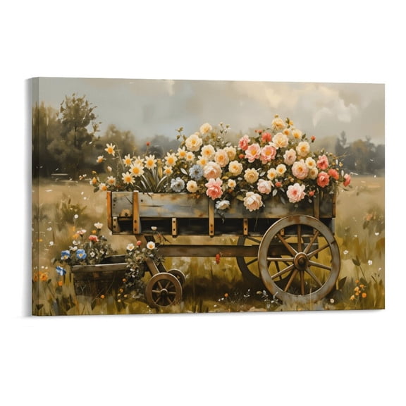 Potopok Rustic Floral Wagon Farmhouse Wall Art, Wood Framed Vintage Farm Cart Canvas Painting With Frame, Country Landscape Decor For Living Room Bedroom,2416
