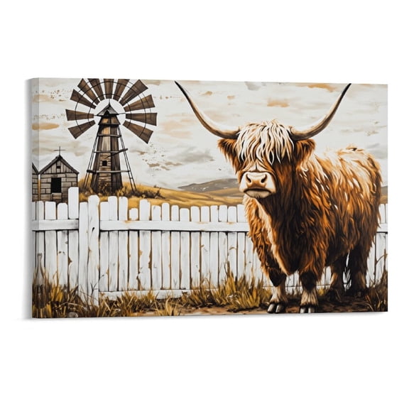Potopok Rustic Western Home Decor For Kitchen, Wood Framed Highland Cow Wall Art With Frame, Farmhouse Windmill Barn Canvas Painting Pictures,18×12