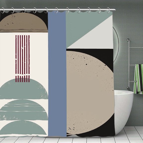 Potopok Sage Green, Slate Blue, Taupe & Ivory Shower Curtain, Waterproof Polyester with Hooks, for Shower, Bathtub, Room Divider, 70.8x70.8 Inch