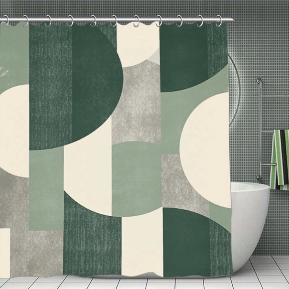 Potopok Sage green abstract modern geometry circles shower curtain, contemporary style fabric design, waterproof polyester with hooks, suits bathroom, shower, or room divider, 70.8x70.8 Inch