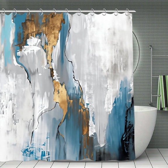 Potopok Slate Blue, Warm Gold, Grey & White Shower Curtain, Waterproof Polyester with Hooks, for Bath, Shower, Bathtub, Room Divider, 70.8x70.8 Inch