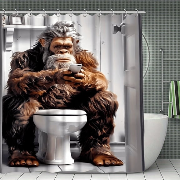 Potopok Squat Toilet Playing Mobile Phone Bigfoot Pattern Shower Curtain, humorous bathroom decor, waterproof polyester with hooks, for shower, tub, or room divider, 70.8x70.8 Inch