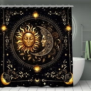 Potopok Sun Moon Stars Shower Curtain in black background with golden sun moon face zodiac pattern, waterproof polyester with hooks, for bathroom, shower, or room divider, 70.8x70.8 Inch