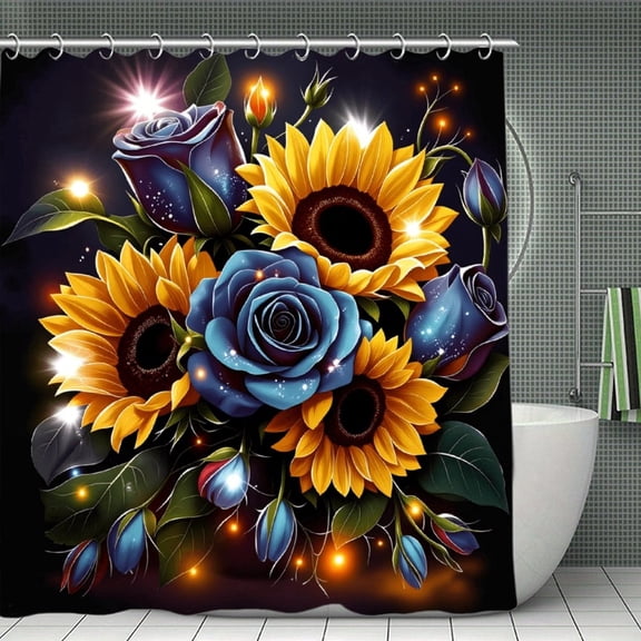 Potopok Sunflower & blue rose shower curtain, waterproof starry bathroom decor, waterproof polyester with hooks, adds celestial beauty to bathroom, shower, or room divider, 70.8x70.8 Inch