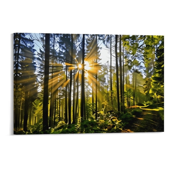 Potopok Sunrise Sunset Forest Nature Landscape Wall Art, Wood Framed Woods Mountain Canvas Painting With Frame, Home Decor For Living Room,18×12