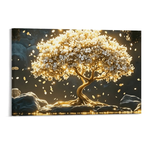 Potopok Tree Of Life Gold Tree Wall Art, Wood Framed Abstract Mountain Lake Canvas Painting With Frame, Nordic Home Decor For Living Room Bathroom Bedroom Office Hallway,18×12
