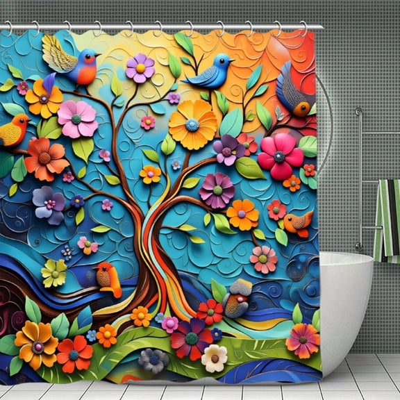 Potopok Vibrant Floral Tree & Birds Shower Curtain, waterproof polyester with hooks, adds a touch of bohemian style to your bathroom, shower, or room divider, 70.8x70.8 Inch