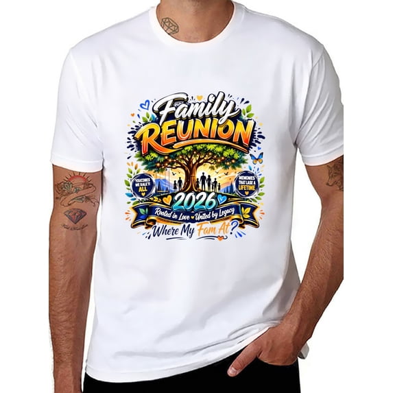 Potopok Vintage Family Reunion 2026 – Where My Fam At & Cute Tree Sunset on Soft Cotton Crew Neck Tee, for Gatherings & Everyday,White - L