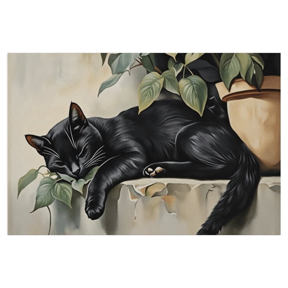 Potopok Vintage Sleeping Black Cat Animal Canvas Wall Decor, Rustic Plant Art for Living Room Bedroom Bathroom Home, 36x24 Inch