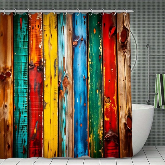 Potopok Waterproof Polyester Shower Curtain with Hooks, artistic colored wooden design, a unique addition to bathroom, shower, or room divider, 70.8x70.8 Inch