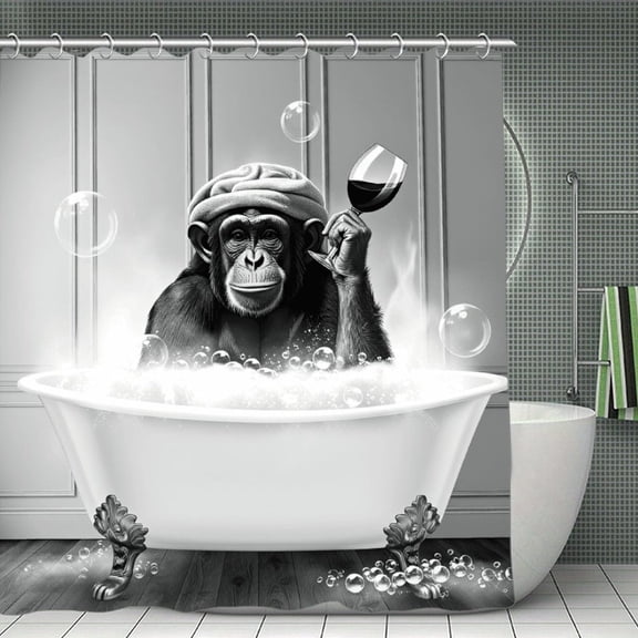 Potopok Waterproof Polyester Shower Curtain with Hooks, funny monkey black and white animal in bathtub design, a humorous choice for bathroom, shower, or room divider, 70.8x70.8 Inch