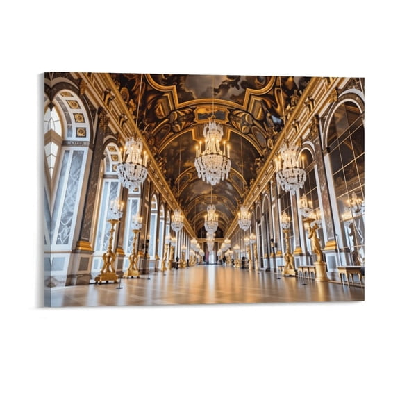Potopok Wood Framed Decorative Art With Frame, Versailles Palace Hall Of Mirrors Canvas Print, Vintage Aesthetic Mirror Gallery Home Decor For Living Room,16x12